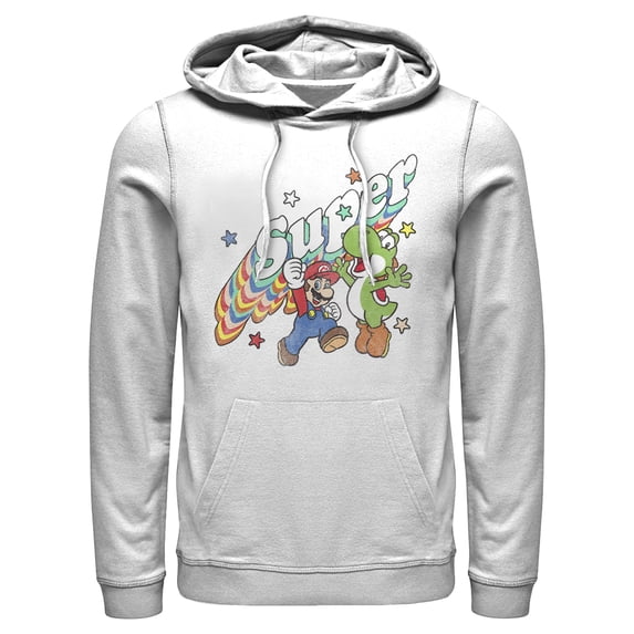 Men's Nintendo Mario and Yoshi Retro Super Pull Over Hoodie White Small