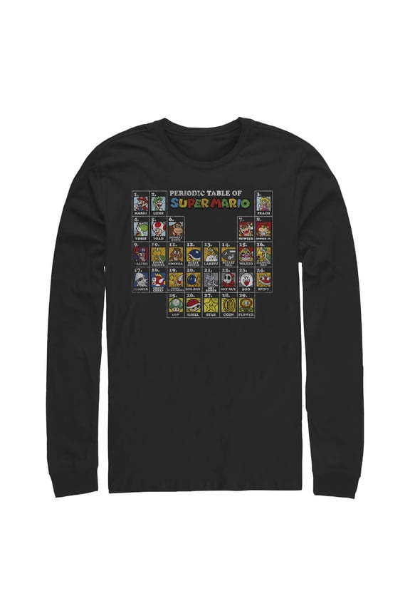 Men's Nintendo Periodic Table of Super Mario Long Sleeve Shirt Black Medium