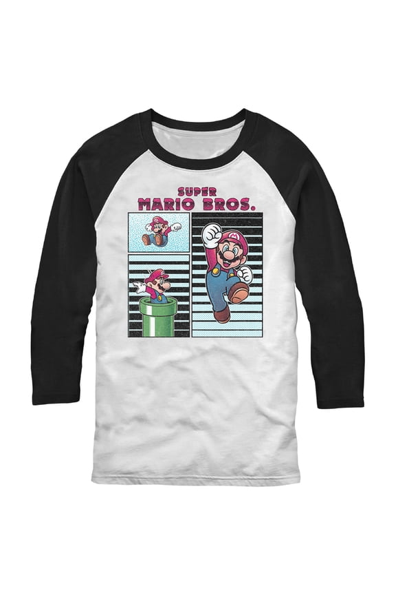 Men's Nintendo Retro Mario Panels Baseball Graphic Tee White/Black Small