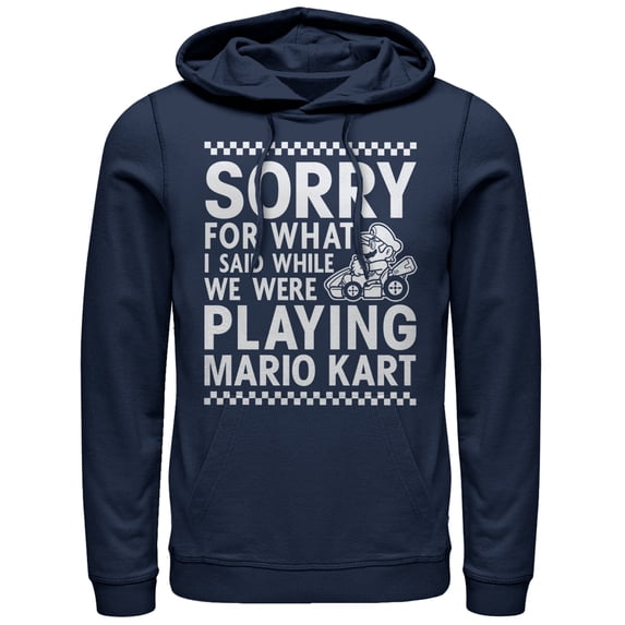 Men's Nintendo Sorry For What I Said Playing Mario Kart Pull Over Hoodie Navy Blue Large