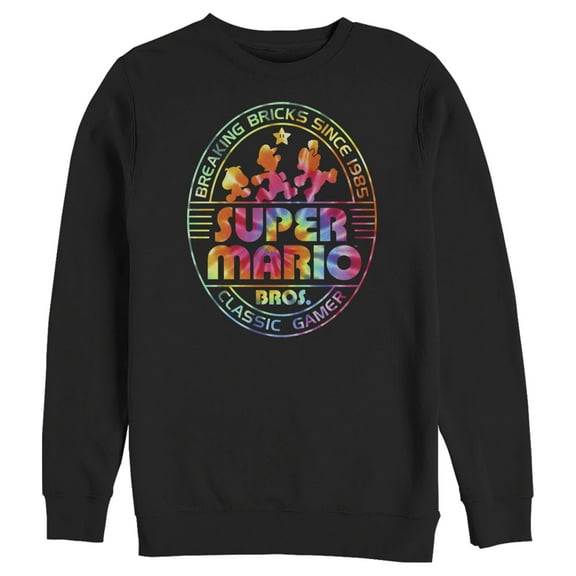 Men's Nintendo Super Mario Brick Break 85 Tie-Dye Logo Sweatshirt Black Large