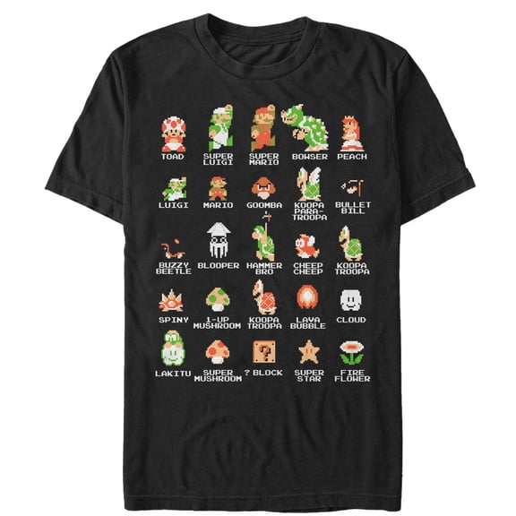 Men's Nintendo Super Mario Bros Character Guide Graphic Tee Black Large