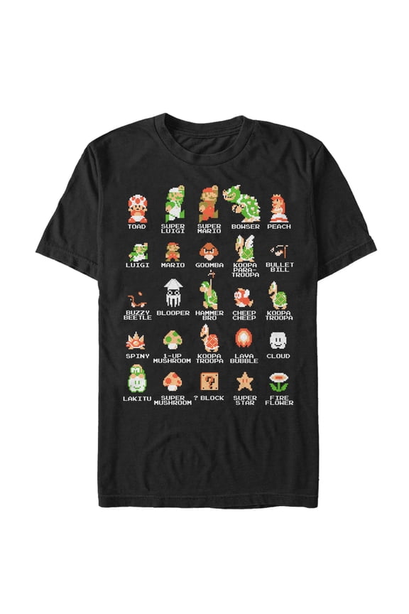 Men's Nintendo Super Mario Bros Character Guide Graphic Tee Black Small