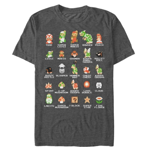 Men's Nintendo Super Mario Bros Character Guide Graphic Tee Charcoal Heather 2X Large