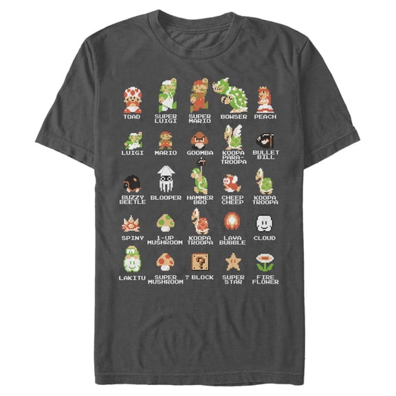 Men's Nintendo Super Mario Bros Character Guide Graphic Tee Charcoal Medium