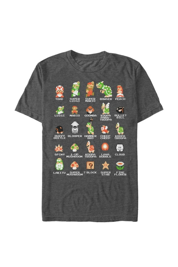 Men's Nintendo Super Mario Bros Character Guide Graphic Tee Charcoal Heather X Large