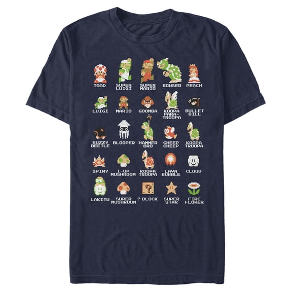 Men's Nintendo Super Mario Bros Character Guide Graphic Tee Navy Blue 3X Large