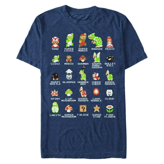 Men's Nintendo Super Mario Bros Character Guide Graphic Tee Navy Blue Heather Medium