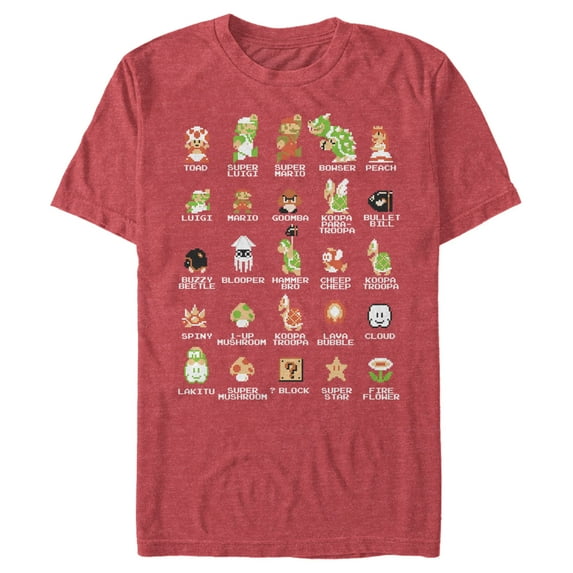 Men's Nintendo Super Mario Bros Character Guide Graphic Tee Red Heather Medium