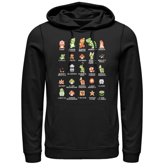 Men's Nintendo Super Mario Bros Character Guide  Pull Over Hoodie Black 2X Large