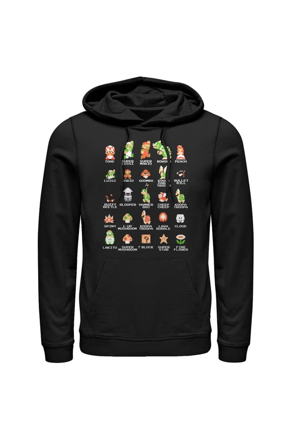 Men's Nintendo Super Mario Bros Character Guide Pull Over Hoodie Black 2X Large