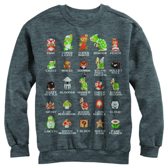 Men's Nintendo Super Mario Bros Character Guide Sweatshirt Charcoal Heather Medium