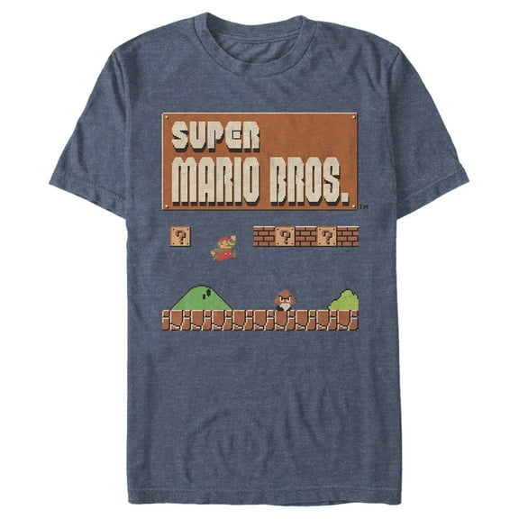Men's Nintendo Super Mario Bros. Logo Gameplay Graphic Tee Navy Blue Heather Medium