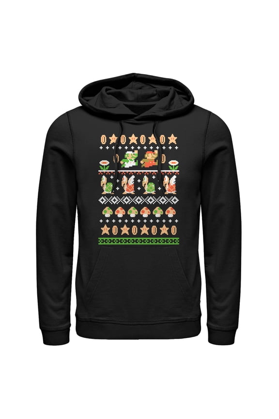 Men's Nintendo Super Mario Bros Pattern Pull Over Hoodie Black X Large