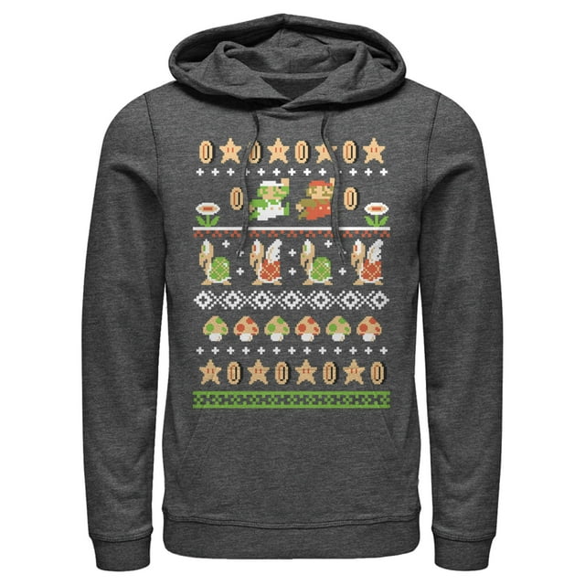 Men's Nintendo Super Mario Bros Pattern  Pull Over Hoodie Charcoal Heather Large