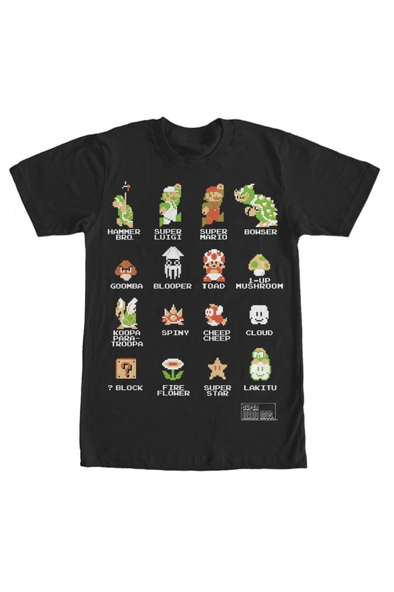 Men's Nintendo Super Mario Bros Pixel Cast with Names  Graphic Tee Black Large