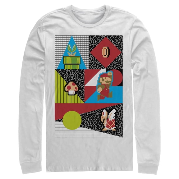 Men's Nintendo Super Mario Geometric 8 Bit Retro Characters Long Sleeve Shirt White 2X Large