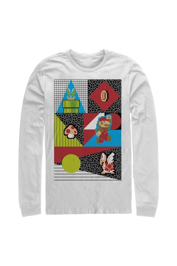 Men's Nintendo Super Mario Geometric 8 Bit Retro Characters  Long Sleeve Shirt White X Large