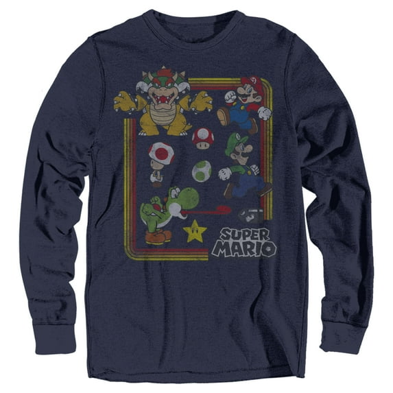 Men's Nintendo Super Mario Rainbow Frame Long Sleeve Shirt Navy Blue Medium