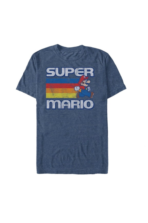 Men's Nintendo Super Mario Rainbow Stripes Graphic Tee Navy Blue Heather Small