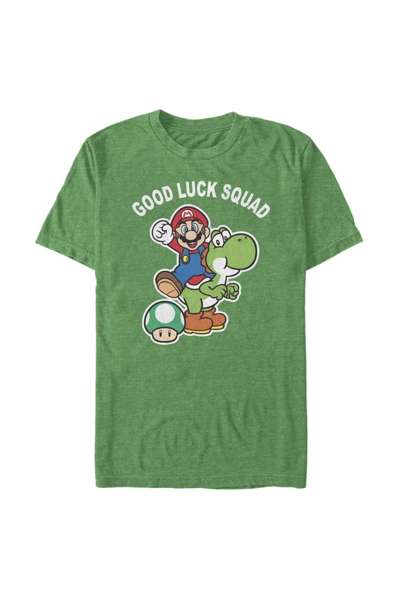 Men's Nintendo Super Mario St. Patrick's Day Good Luck Squad Graphic Tee Kelly Heather X Large