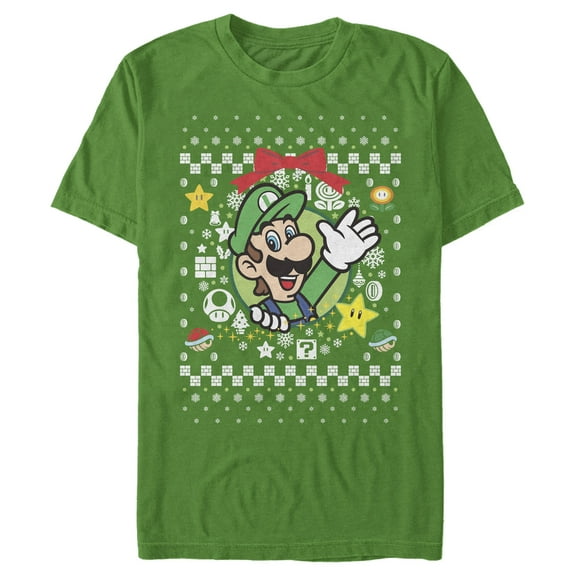 Men's Nintendo Ugly Christmas Luigi Wreath Graphic Tee Kelly Green 3X Large