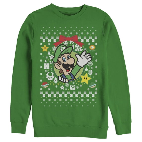 Men's Nintendo Ugly Christmas Luigi Wreath Sweatshirt Kelly Green 2X Large