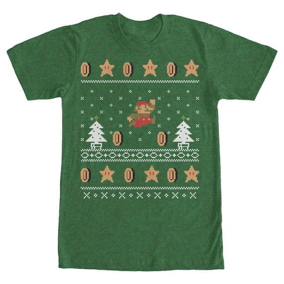 Men's Nintendo Ugly Christmas Mario Coin Graphic Tee Kelly Heather Large