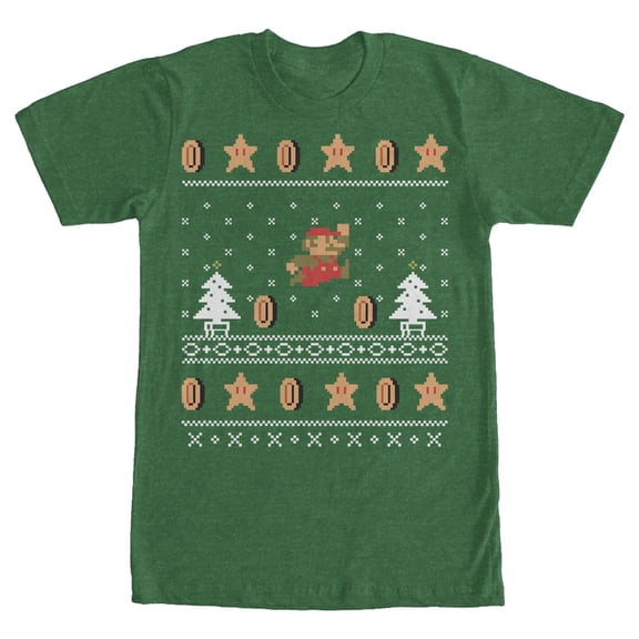 Men's Nintendo Ugly Christmas Mario Coin Graphic Tee Kelly Heather X Large