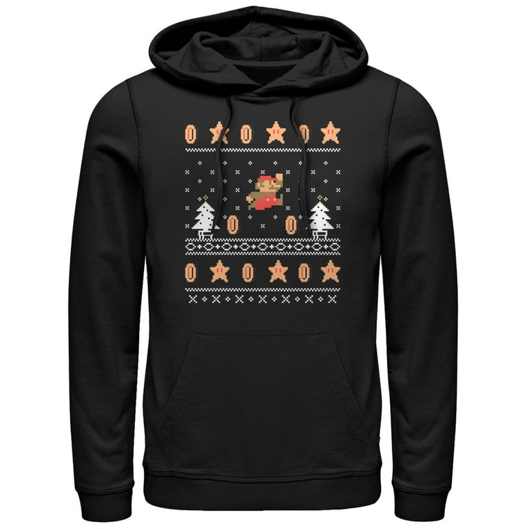 Men s Nintendo Ugly Christmas Mario Coin Pull Over Hoodie Black X Large