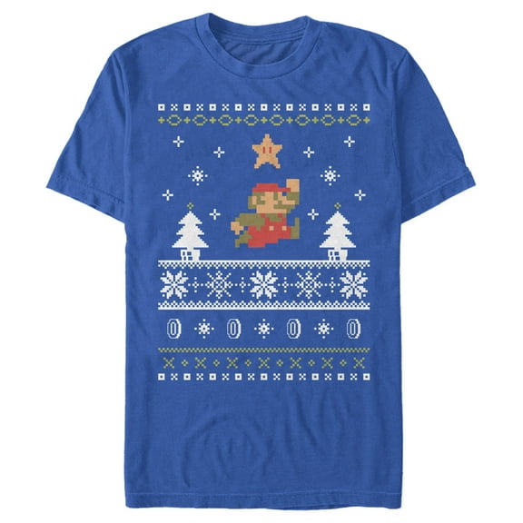 Men's Nintendo Ugly Christmas Mario Jump Star Graphic Tee Royal Blue Small