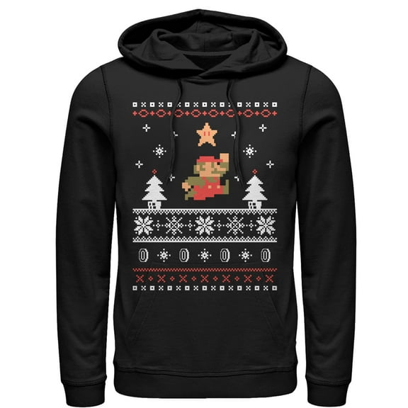 Men's Nintendo Ugly Christmas Mario Jump Star  Pull Over Hoodie Black Small