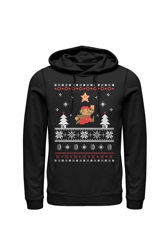 Men's Nintendo Ugly Christmas Mario Jump Star  Pull Over Hoodie Black Small