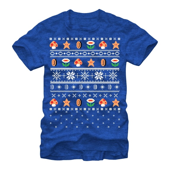 Men's Nintendo Ugly Christmas Mario Points Graphic Tee Royal Blue Heather 2X Large