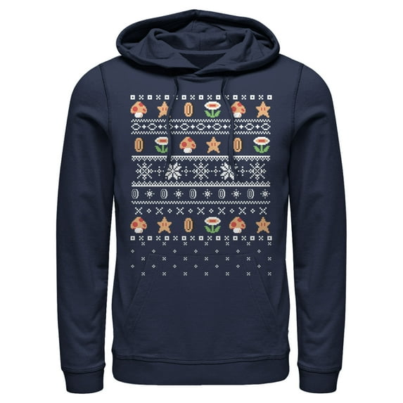 Men's Nintendo Ugly Christmas Mario Points Pull Over Hoodie Navy Blue Medium
