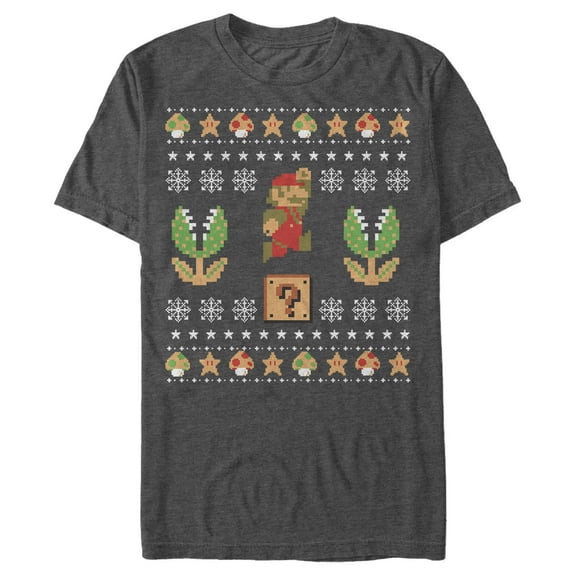 Men's Nintendo Ugly Christmas Mario Question Graphic Tee Charcoal Heather 2X Large