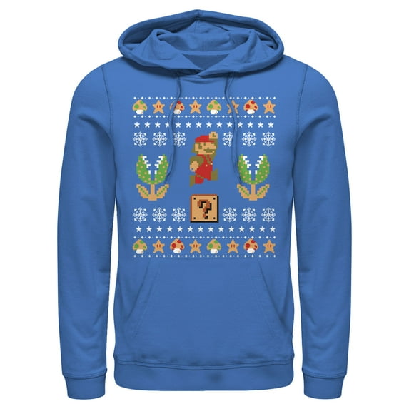 Men's Nintendo Ugly Christmas Mario Question Pull Over Hoodie Royal Blue 2X Large