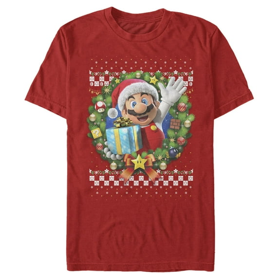 Men's Nintendo Ugly Christmas Mario Wreath Graphic Tee Red Medium