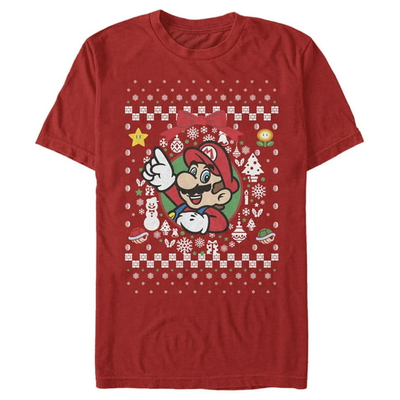 Men's Nintendo Ugly Christmas Mario Wreath Graphic Tee Red Small