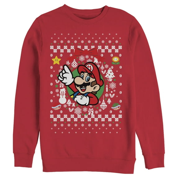 Men's Nintendo Ugly Christmas Mario Wreath Sweatshirt Red 2X Large