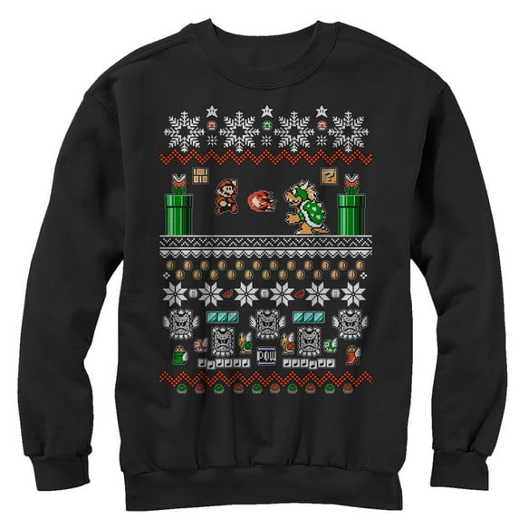 Men's Nintendo Ugly Christmas Mario and Bowser Sweatshirt Black Medium