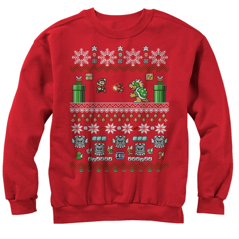 Men s Nintendo Ugly Christmas Mario and Bowser Sweatshirt Red
