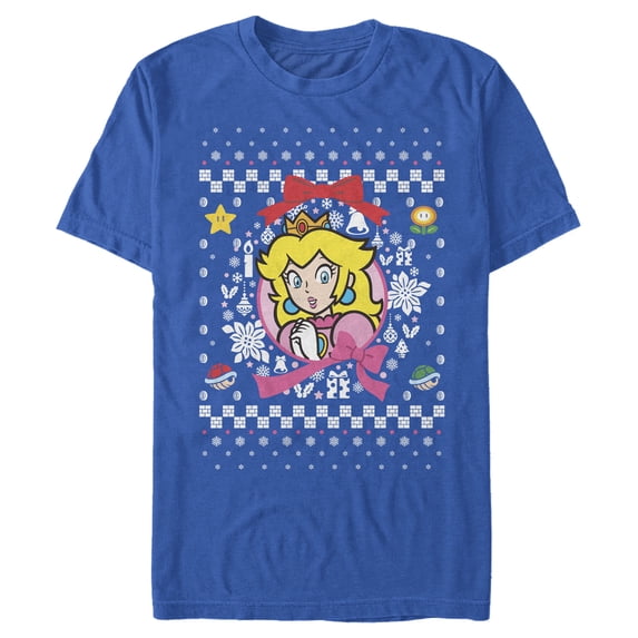 Men's Nintendo Ugly Christmas Peach Wreath Graphic Tee Royal Blue 2X Large