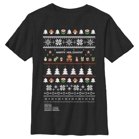 Men's Nintendo Ugly Christmas Super Mario Happy Holidays Graphic Tee Black Medium