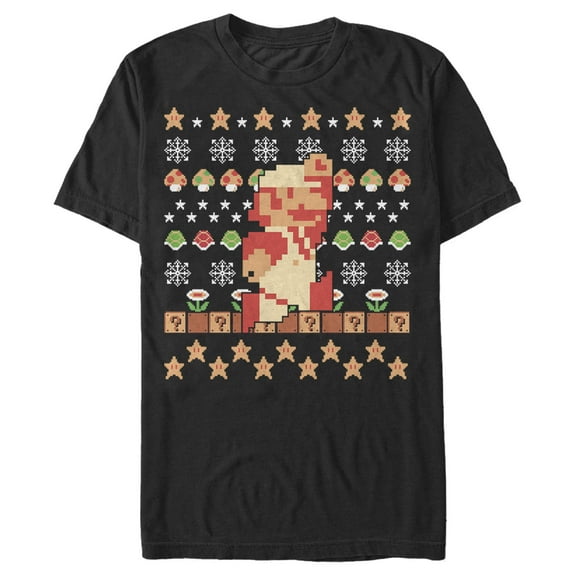 Men's Nintendo Ugly Christmas Super Mario Pixel Graphic Tee Black 2X Large