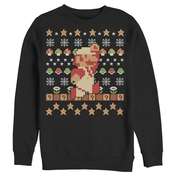 Men's Nintendo Ugly Christmas Super Mario Pixel  Sweatshirt Black 3X Large