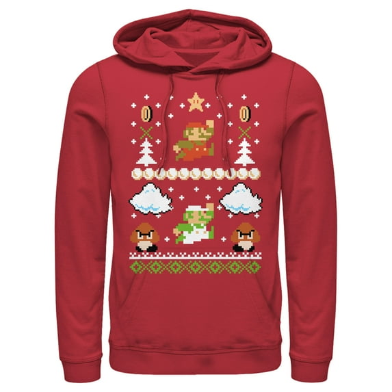 Men's Nintendo Ugly Christmas Super Mario Pull Over Hoodie Red Medium