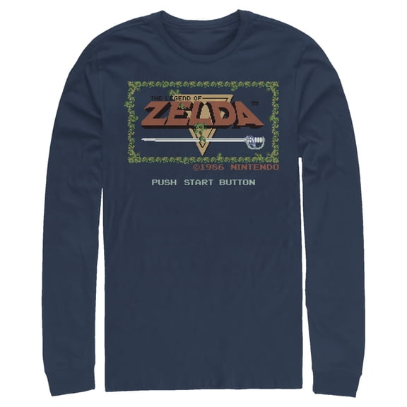Men's Nintendo Zelda 8-Bit Title Screen Long Sleeve Shirt Navy Blue Large