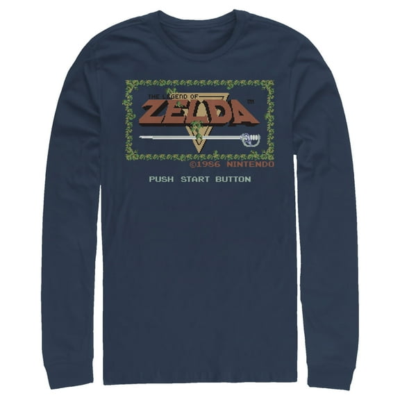 Men's Nintendo Zelda 8-Bit Title Screen  Long Sleeve Shirt Navy Blue Medium