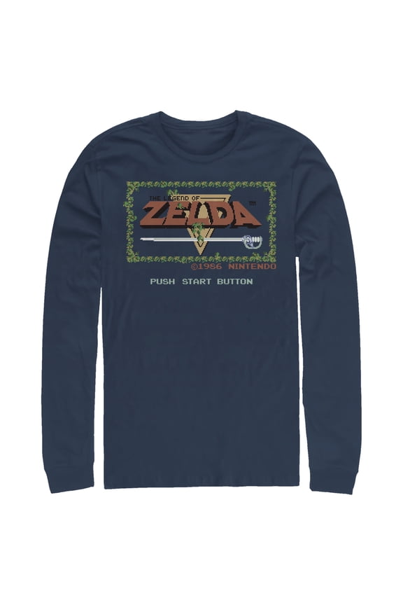 Men's Nintendo Zelda 8-Bit Title Screen  Long Sleeve Shirt Navy Blue Medium